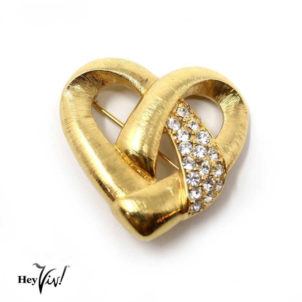 Vintage Monet Gold Tone Textured Heart Pin Brooch Rhinestone Accent - Hey Viv